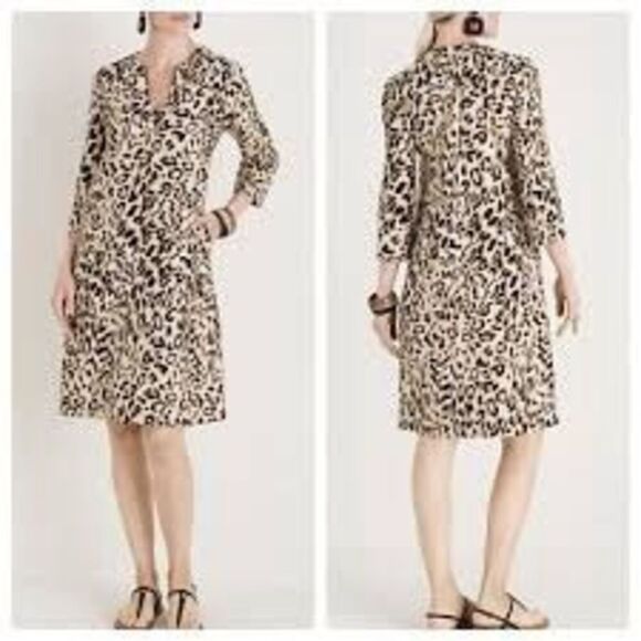 Chico’s 100% Linen Leopard Animal Print Shift Dress Sz 12 Pockets - Picture 2 of 9